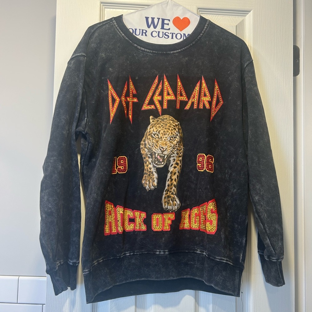 Def Leppard Black Crewneck Sweater with Red Rhinestone Accents